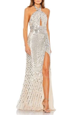 Mac Duggal Embellished Keyhole Halter Strap Draped Gown in Nude Silver at Nordstrom, Size 14