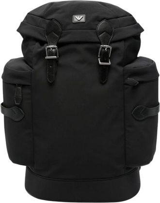 Emporio Armani Rugzak met zijvakken en een klep met metalen gespen - Heren - Rugzakken - Zwart - ONE Size - Nylon - Tassen