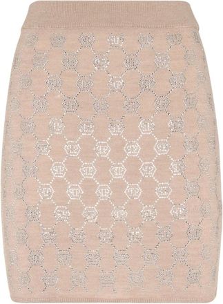 Philipp Plein Knit Mini Rok Monogram - Dames - Korte rokken - Beige - S - Wol - Rokken