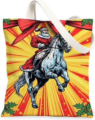 Generic Christmas Horse Canvas Tote Bags, Retro Santa Design Lightweight Washable Shoulder Strap Reusable Grocery Bags for Winter O, Red, 13x15 Inch