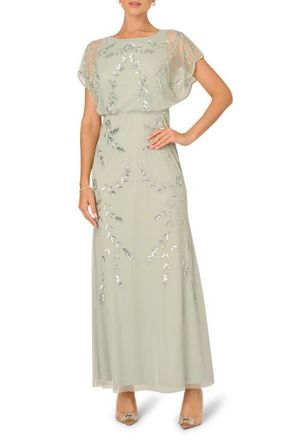 Adrianna Papell Sequin Blouson Flutter Sleeve Gown in Icy Sage at Nordstrom, Size 8