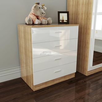 Elegant Lighting Modern High Gloss Bedside Cabinet 4 spacious Drawer Chest with Metal Handles for Bedroom or Home Storage Organizer White/Oak - Elegant