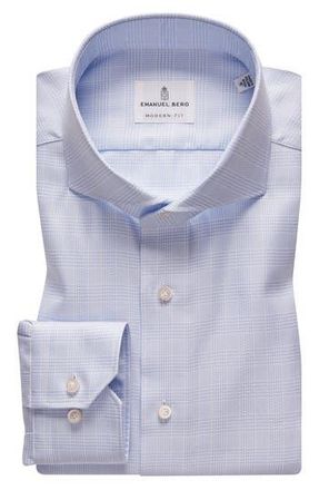 Emanuel Berg Traveller Modern Fit Plaid Dress Shirt in Bright Blue at Nordstrom Rack, Size 46