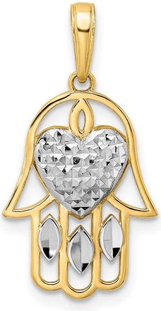 Diamond2Deal 14k Yellow Gold White Rhodium Diamond-Cut Heart Hamsa Pendant