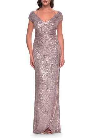 La Femme Sequin Evening Dress with Ruching and V Neckline in Mauve at Nordstrom, Size 14