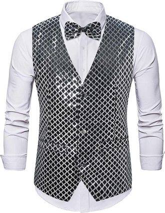 Generic Mens Sequin Shiny Waistcoat Bowtie Set Sparkly Casual Suit Vest Jacket for Festival Disco Party Prom (Silver, L)