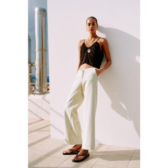 H&M Wide Twill Trousers in Light Beige at Nordstrom, Size 12