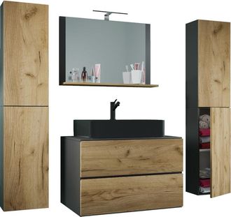 ebuy24 Vcm 5pcs Lavabo Lavabo Negro Gabinete Inferior Ancho 60 Cm Muebles De Ba&ntilde;o Conjunto Con Cajones Espejo De Puertas Giratorias Lendas S Bl (roble Miel /