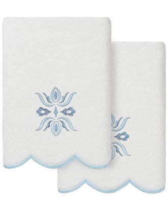 Linum Home Textiles 100% Turkish Cotton Flower Crest Scallop 2Pc Embellished Hand Towel Set