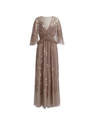 Alberta Ferretti Long Embroidered Tulle Dress with Sequined Detail