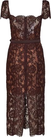 Self Portrait Womens Midi Dress Brown Floral Lace Polyamide