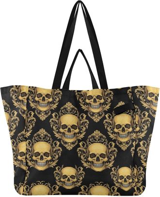 Generic Skull Black pattern Reusable Canvas Tote Bag, Heavy Duty Grocery Shopping Bag with Large Capacity Hard Bottom Double Handles Work Groceries Travel