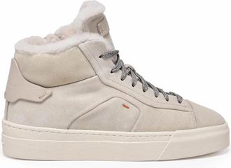 Santoni White Suede Shearling Sneakers