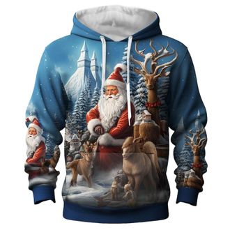 Generic Christmas Hoodies Men Funny 3D Print Patterns Sweatshirt Pullover Couples Xmas Party Hooded Jumper with Pocket Reindeer Long Sleeve Jumper Christmas H