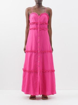 Bird & Knoll Connie Ruffle-trim Cotton-blend Maxi Dress - Womens - Fuchsia - XL