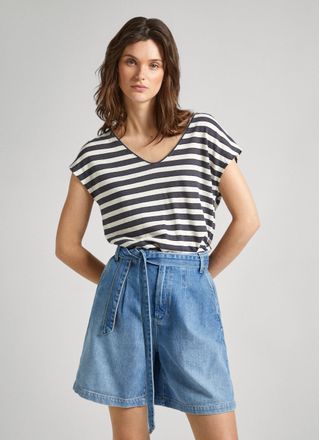 Pepe Jeans London T-Shirt PEPE JEANS T-Shirts KHLOE, Damen, Gr. XS, gr&uuml;n (infinity gr&uuml;n), Web, Obermaterial: 100% Leinen, gestreift, relaxed fit, V-Ausschnitt, Shirts T