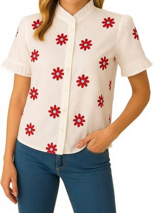 English Factory Collared Embroidered Floral Top In White Multi