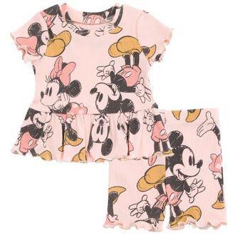 Disney Ribbed T-Shirt & Shorts Set in Mickey Minnie Pink at Nordstrom, Size 24M