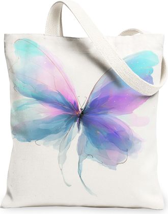 Generic Artistic Butterfly Canvas Tote Bag, Elegant Floral Design Lightweight Washable Reusable Shopping Bags for Spring Summer Tra, White, 13x15 Inch