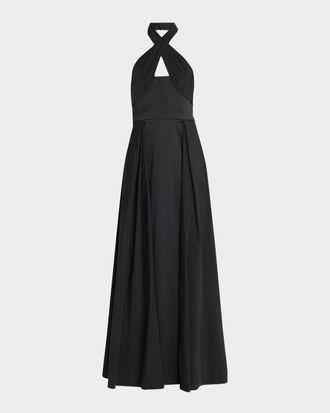 Aidan Mattox Cutout Pleated Mikado Halter Gown