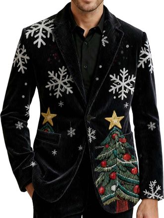 Generic Christmas Blazers for Men,Ugly Christmas Tree Printed Blazer Corduroy Ceremonial Blazers Mens Single Breasted Blazer Novelty Xmas Graphic Jackets Busi
