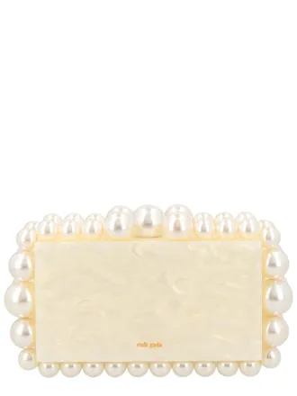 Cult Gaia Rectangular Clutch Handbag in Pearlescent Ivory with Pearl Accents