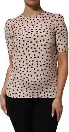 Dolce & Gabbana Womens Beige Black Polka Dot Silk Short Sleeve Blouse Top