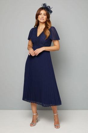 Wallis Womens Lace Pleated Skirt Midi Dress - Navy - Size 16 UK