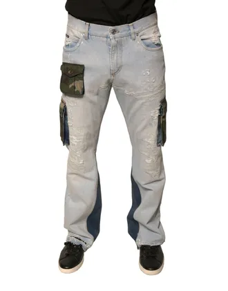 Dolce & Gabbana Cotton-Elastane Distressed Denim Cargo Pants - Blue