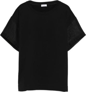 Brunello Cucinelli Semi-Sheer Panel T-shirt met Ronde Hals - Dames - T-shirts - Zwart - XS - Katoen - Tops