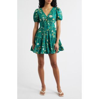 Moon River Floral Pintuck Puff Sleeve Cotton Fit & Flare Sundress in Green Multi at Nordstrom, Size X-Large