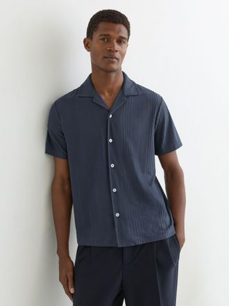 Reiss Steel Blue Jacquard Cuban-collar Shirt, Xxl