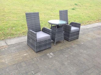 Fimous Outdoor Wicker Rattan Garden Furniture Reclining Chair & Table Dining Sets 2 Seater Bistro Round Table in Dark Grey