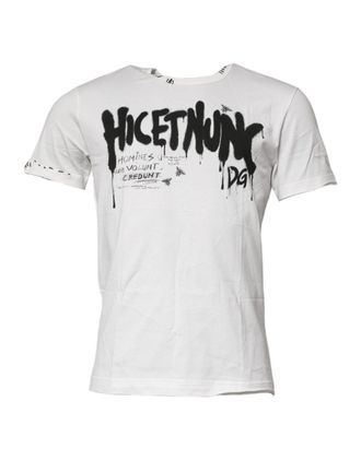 Dolce & Gabbana White Graphic Print Cotton Crew Neck Mens T-shirt