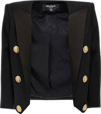 Balmain Blazers, female, Black, 2XS, Cropped Grain de Poudre Edge-to-Edge Jacket with 6 Buttons