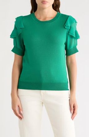 Nanette Lepore Ruffle Short Sleeve Mixed Media Sweater in Shamrock Green at Nordstrom Rack, Size X-Large