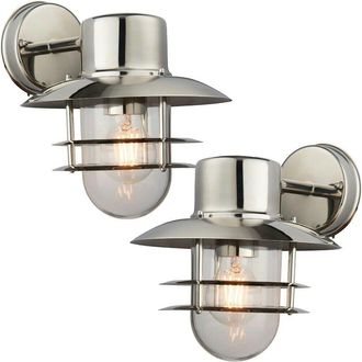 Loops 2 PACK IP44 Outdoor Wall Lamp Stainless Steel Caged Glass Lantern Down Light