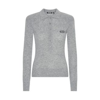 Rotate ROTATE Birger Christensen, Polo Shirts, female, Gray, Size: S Logo-Patch Polo Sweater