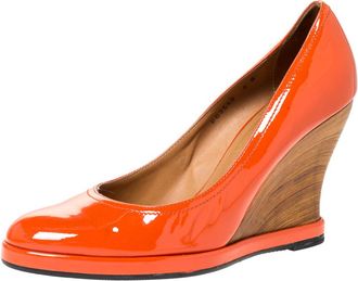 Ferragamo Orange Patent Leather Wedge Platform Pumps