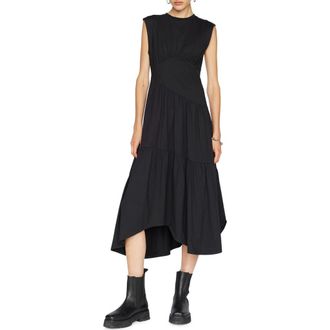 Frame Denim Gathered Seam Organic Cotton A-Line Midi Dress in Noir at Nordstrom Rack, Size Small
