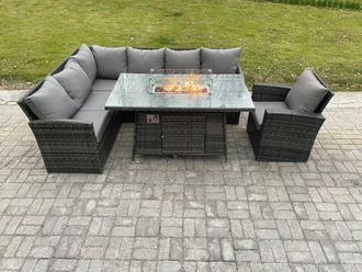 Fimous Rattan Garden Furniture High Back Corner Sofa Gas Fire Pit Dining Table Sets Gas Heater with Armchair 7 Seater in Dark Grey