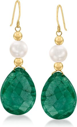 Ross-Simons Cultured Pearl and Emerald Drop Earrings in 14kt Yellow Gold