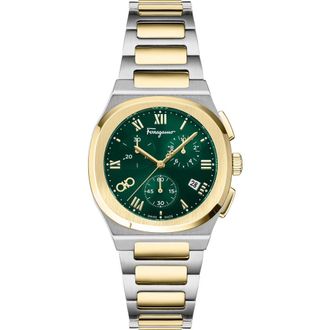 Ferragamo Elliptical Two-Tone Bracelet Strap Chronograph Watch, 38mm in Two Tone/Green at Nordstrom Rack