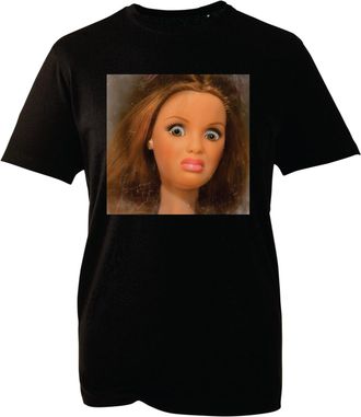 Generic Creepy Doll Face Meme T-Shirt - Funny Expression Graphic Tee, Quirky Novelty Shirt for Men Women (Black, S)
