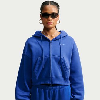 Nike Womens Studio Fleece Medium Weight Oversized Full-Zip Cropped Hoodie in Blue | IM8499-417