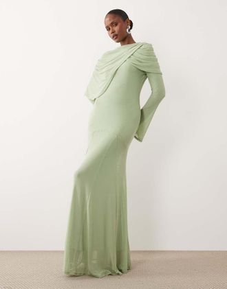 Asos Vestito lungo stile modest in rete verde salvia con scollo drappeggiato sovrapposto