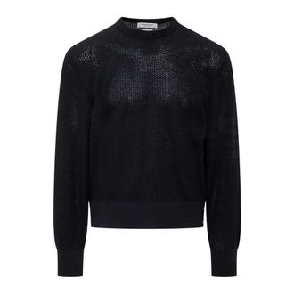 Thom Browne Round-neck Knitwear, male, Blue, Size: 2XL Wool Crepe 4-Bar Relaxed Fit Pullover