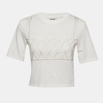 Sandro White Crystal Embellished Jersey Cropped T-Shirt