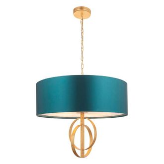Loops Antique Gold Ceiling Pendant Light & Teal Satin Shade - 5 Bulb Hanging Fitting