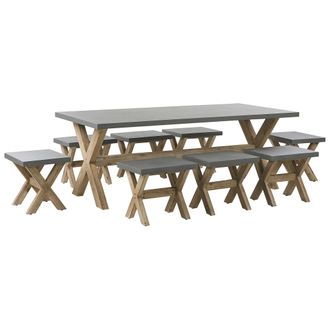 Beliani Conjunto De Comedor Para Jard&iacute;n De Cemento Reforzado Gris Con Patas De Madera De Acacia Para 8 Personas Mesa Con 8 Taburetes Olbia